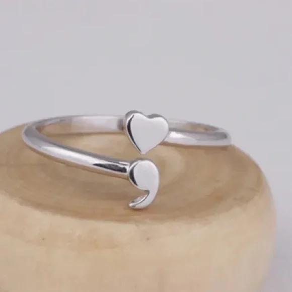 925 Shimmering Sterling Silver Adjustable Semicolon Ring; Your Story Isn't Over - Picture 6 of 13
